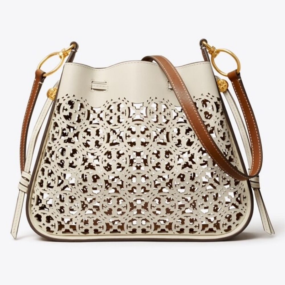 Tory Burch Leather Laser Cut Logo Bell Soulder Bag Designer Luxury Celeb Handbag